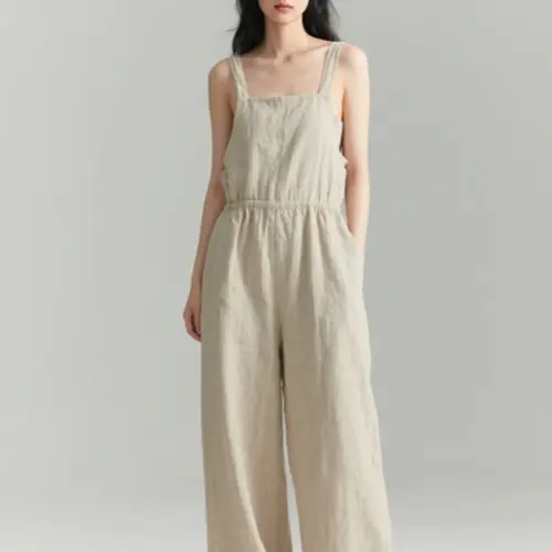 日系棉麻背帶連體闊腿褲