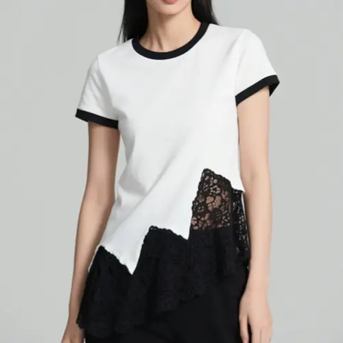 時髦洋氣假兩件拼接蕾絲短袖T恤